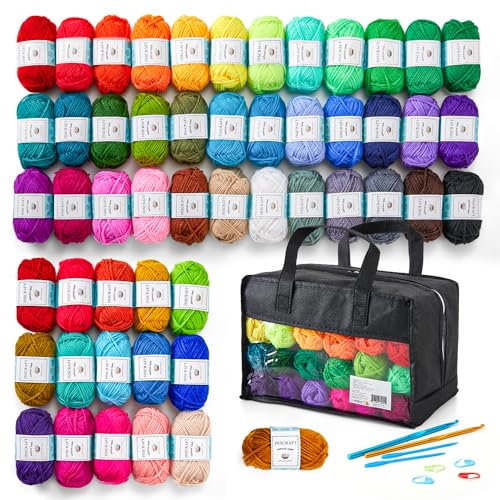 Inscraft 52 Acrylic Yarn Skeins, 1820 Yards 52 Colors, 2 Crochet Hooks, 2 Weaving Needles, 10 Stitch Markers, 1 Bag, for Crocheting & Knitting, Gift Beginners and Adults