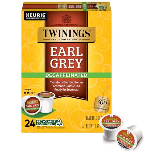 Twinings Decaf Earl Grey K-Cup Pods for Keurig, Decaffeinated Black Tea Flavoured with Citrus and Bergamot, 24 Count (Pack of 1), Enjoy Hot or Iced