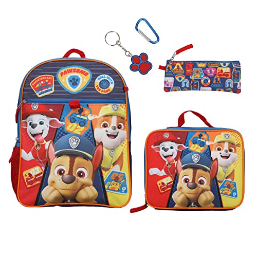 Paw Patrol Backpack Set Kids 5 Piece 16' Backpack Lunchbox Utility Case Rubber Keychain Carabiner
