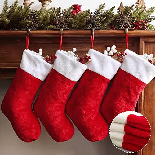 Ivenf Christmas Stockings, 4 Pcs 19 inches Polyester Classic Red and White Plush Mercerized Velvet Stockings, for Family Holiday Xmas Party Decorations