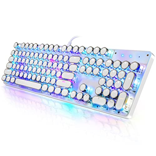 YSCP Typewriter Style Mechanical Gaming Keyboard RGB Backlit Wired with Blue Switch Retro Round Keycap 104 Keys Keyboard (White 104 Keys RGB)