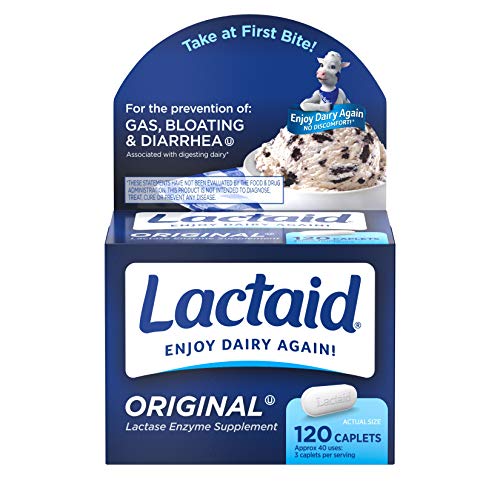 Lactaid Original Strength Lactose Intolerance Relief Caplets with Natural Lactase Enzyme, Dietary Supplement to Help Prevent Gas, Bloating & Diarrhea Due to Lactose Sensitivity, 120 ct