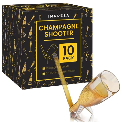 IMPRESA [10 Pack Champagne Shooter Plastic Glass Set - Champagne Glasses with Stands - Bachelorette Party Favors - Champagne & Prosecco Gifts - Reusable Champ Shooter - New Years Eve Party Supplies