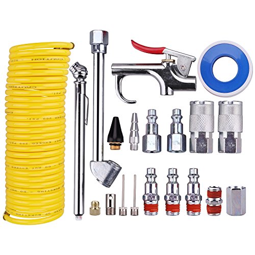 WYNNsky Air Compressor Kit, 1/4 Inch NPT Air Tool Kit with 1/4 Inch x 25Ft Coil Nylon Hose/Tire Gauge - 20 Pieces