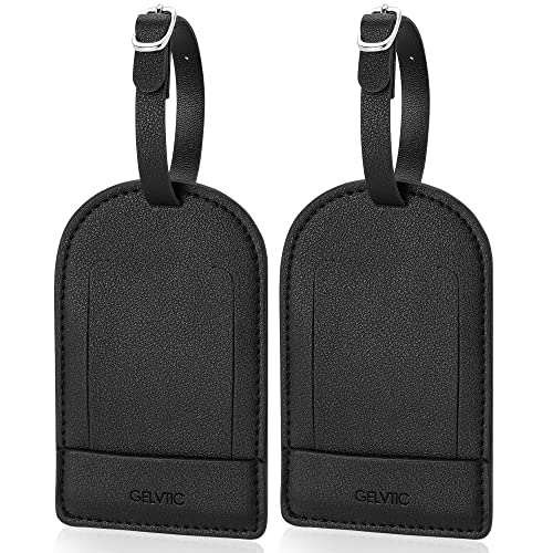 GELVTIC Faux Leather Luggage Tags for Suitcase Tag Set Privacy Protection with Identifie Name Lable ID Card Baggage tag for Men Women Kids Girls Travel Accessories, 2/4 Pack (LT06-Black)