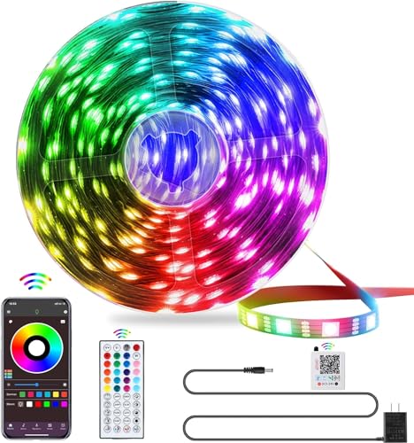 QZYL LED Lights for Bedroom, 25FT RGB LED Strip Lights with 44 Keys IR Remote, Smart LED Light Strip with Adhesive Backing Adjustable Brightness App Control for Bedroom Party Decoration