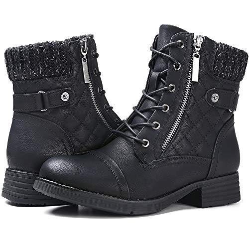 STQ Women's Military Lace Up Buckle Combat Boots Ankle Booties with Zipper Black 7