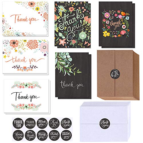 150 Sets Bulk Blank Thank You Cards with Envelopes Stickers Assortment 6 Design of Floral Watercolor Calligraphy Thank You Greeting Cards Note Cards for Wedding Bridal Baby Shower Thanksgiving Party