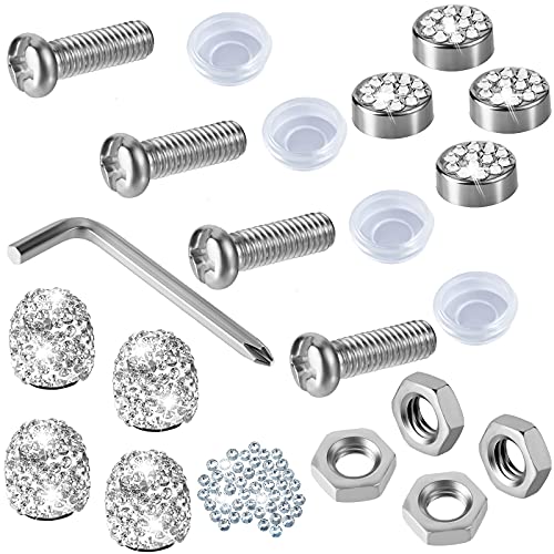 14 Pieces Bling License Plate Screws License Plate Frame Screws Bolts Caps Car License Plate Frame Tamper Proof Screws Fastener 1/4 Inch Bling Rhinestone Nut Anti Theft Set (Silver)