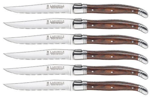 Trudeau Brown & Gray Set of 6 Laguiole Steak Knives with Pakkawood Handles, Stainless/Wood