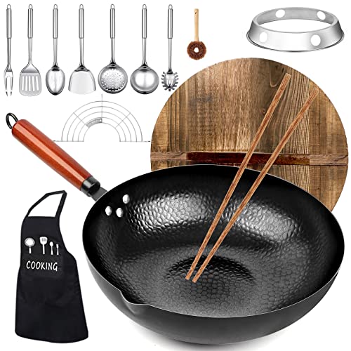 kaqinu Carbon Steel Wok Pan, 14 Piece Woks & Stir-Fry Pans Set with Wooden Lid Cookwares, No Chemical Coated Flat Bottom Chinese Pan for Induction, Electric, Gas, Halogen All Stoves - 12.6''