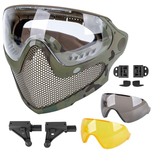ATAIRSOFT 2 Modes Airsoft Mask Full Face Tactical Safety Protective Mask Anti-Fog Goggles Set with 3 Interchangable Lens (MC)