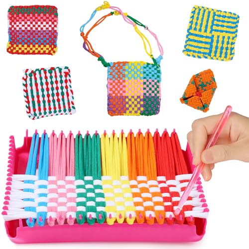 DIY Weaving Loom Craft Kit for Kids Adults - Easy Beginner Friendly - Rainbow Color Loops to Make 7 Potholders - Ideal Birthday Gift