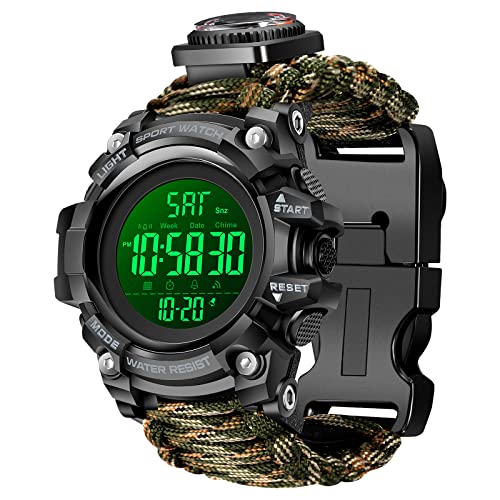 kashuen Mens Survival Military Digital Watch, 23-in-1 Tactical Multi-Functional Outdoors Waterproof Military Watch, Dual Display Analog LED Electronic Wristwatches with Compass Whistle Paracord Band
