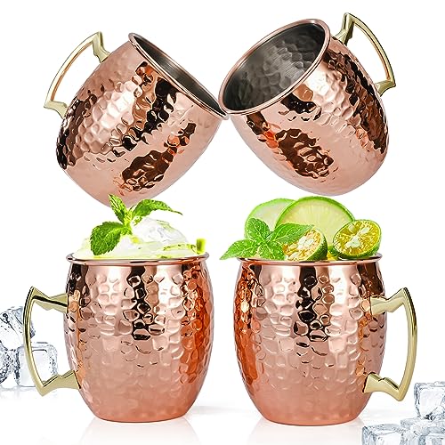 Amrules Moscow Mule Mugs Set of 4, 16 oz Hammered Copper Cups with 304 Stainless Steel Lining and Gold Brass Handles, Perfect for Cold Drinks, Beer, Wine, Bars, Parties, Gifts