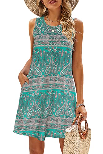 SimpleFun Sun Dresses Women Summer Casual Beach Paisley Print Sundress Pockets Boho Dress Short Green Print,M