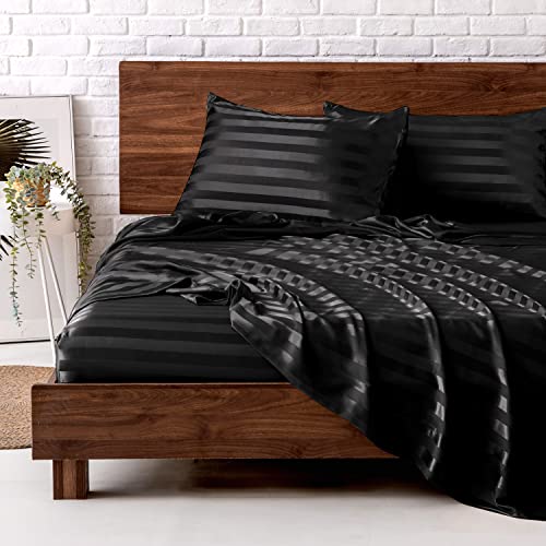 MR&HM Satin Bed Sheets, Queen Size Sheets Set, 4 Pcs Silky Bedding Set with 15 Inches Deep Pocket for Mattress(Queen, Black Striped)