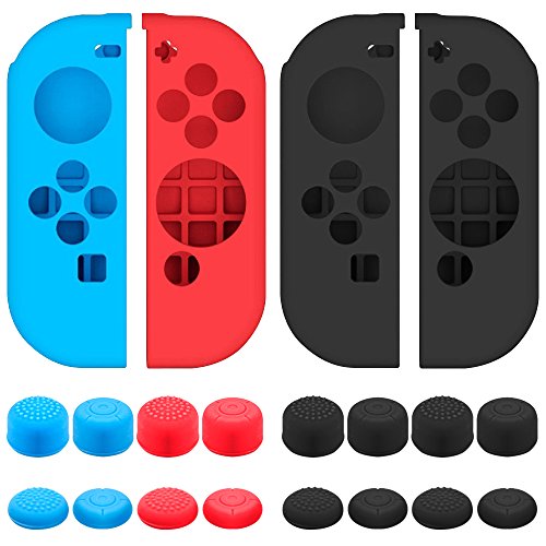 Protective Case Compatible with Nintendo Switch Joy-Con Controller with Thumb Caps, SENHAI 2 Pack Anti-Slip Silicone Grips Covers with 16 Thumb Stick Pads - Black, Blue + Red