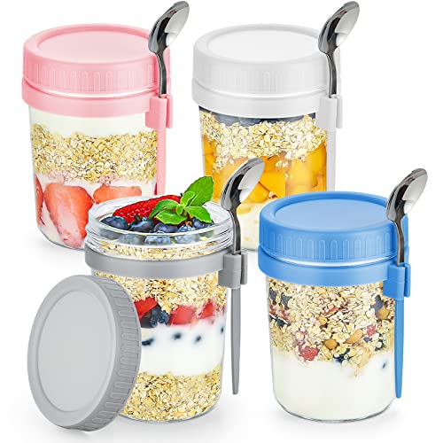 DRKIO 4 Pack Overnight Oats Containers with Lids and Spoons 16 Oz Glass Mason Jars for Overnight Oats Leak Proof Oatmeal Container Great for Cereal Fruit Vegetable Milk Salad Yogurt Meal Prep