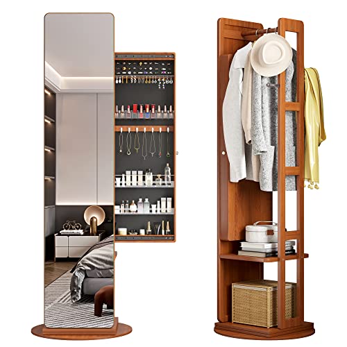 LVSOMT 360° Swivel Jewelry Armoire, Rotatable Full Length Mirror with Jewelry Storage, Standing Jewelry Organizer with Coat Rack for Women Girls Ideal Gift