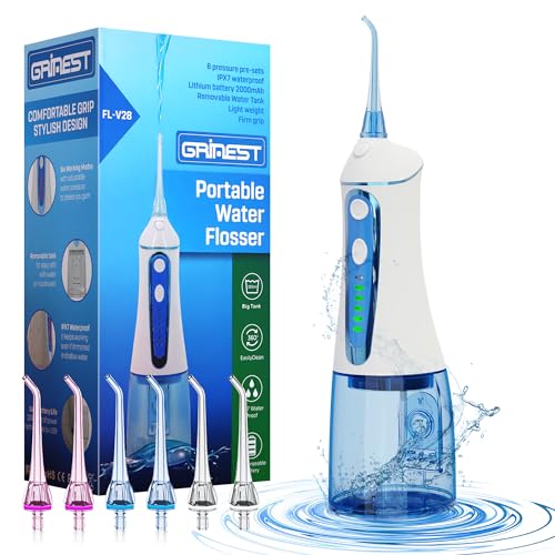 Water Dental Flosser for Teeth Cleaning,Grinest 7 Levels Cordless Powerful Battery Water Teeth Cleaner Care Portable Rechargeable Dental Oral Irrigator IPX7 Waterproof for Home Travel (White)