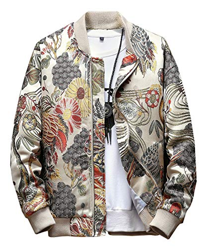 SCOFEEL Men's Embroidered Jacket Zip Up Flight Bomber Coat US X-Large, White