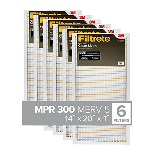 Filtrete 14x20x1 Air Filter, MPR 300, MERV 5, Clean Living Basic Dust 3-Month Pleated 1-Inch Air Filters, (Pack of 6)