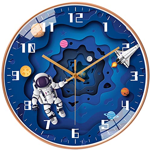 YHan 12 Inch Silent Movement Kids Wall Clock Battery Operated, Non Ticking Children Round Wall Clock, Astronaut Decor Children Clock for Home School Boys Bedroom Living Room (Blue)