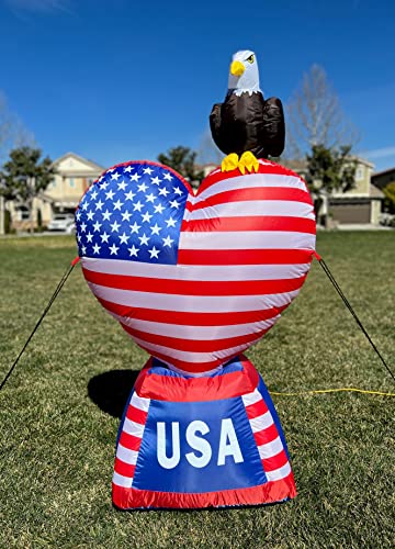 5 Foot Tall Patriotic Independence Day 4th of July Inflatable Love Heart with American Flag and Bald Eagle Pre-Lit LED Lights Outdoor Indoor Lawn Yard Holiday Decoration Blow up Home Garden Decor