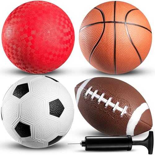 Bedwina Sports Balls for Kids and Toddlers - (Pack of 4) 5-Inch Sports Ball Toy Set Includes Football, Soccer Ball, Basketball and Playground, for Fun Indoor & Outdoors, (Hand Pump Included)