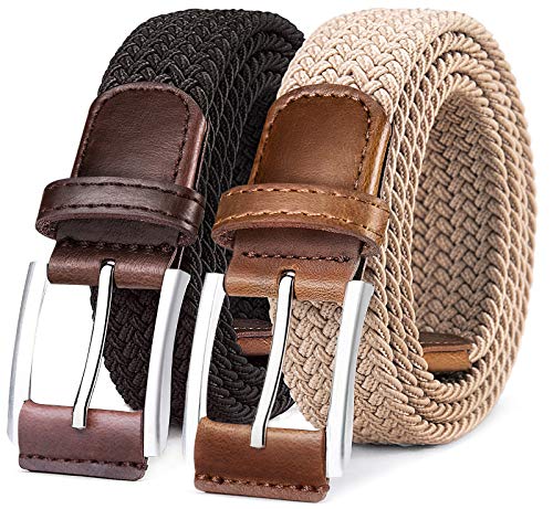 BULLIANT Belt for Men 2Pack,Mens Gift Stretch Braided Web Belt Elastic for Casual Golf Jeans,1 3/8'(Black/Beige,36'-40' Waist Adjustable)