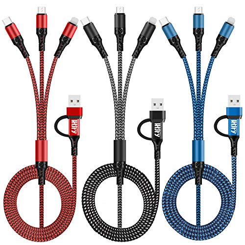 LHJRY 6 in 1 Multi Charging Cable 3Pack 4ft Multi Charger Cable USB A/C to USB C/Micro USB/i-P Connector Universal Multiple Charger Cord Compatible Cell Phones/IP/Galaxy/PS/Tablets/iPads and More