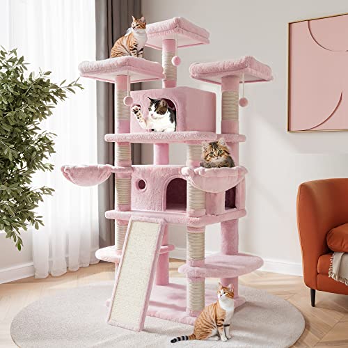 SHA CERLIN 68 Inches Multi-Level Large Cat Tree for Large Cats/Big Cat Tower with Cat Condo/Cozy Plush Cat Perches/Sisal Scratching Posts and Hammocks/Cat Activity Center Play House, Pink