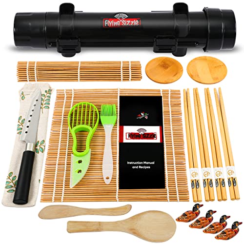 Flying Sizzle Sushi Kit for Home – 21 Piece Premium Sushi Making Kit including Bamboo Sushi Rolling Mat, Sushi Bazooka, Chef's Knife, Bamboo Chopsticks, Avocado Slicer, Sushi Recipe Book, and More