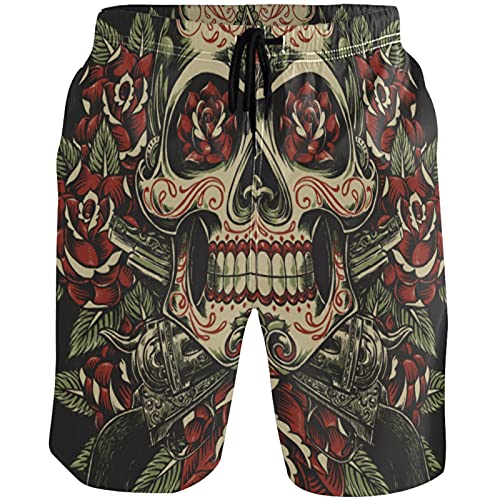 visesunny Stylish Skull Rose Gun Summer Men's Swim Trunks Quick Dry Bathing Suits Beach Holiday Party Swim Shorts