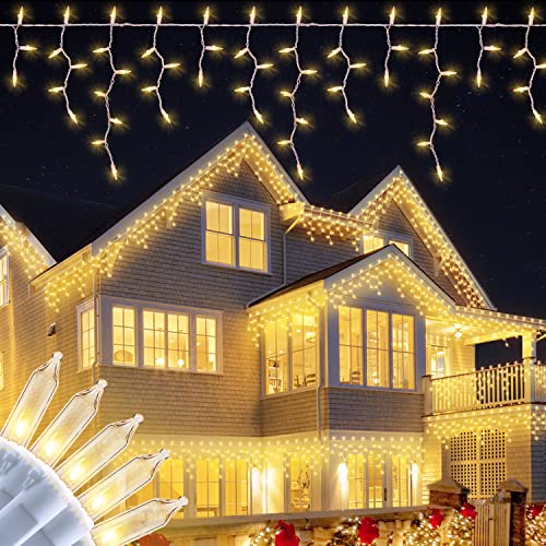 BEEWIN 200 Christmas Icicle Lights, Warm White Clear Bulbs with 23FT Long White Wire, Professional Grade String Lights for Indoor & Outdoor,Xmas,Party, Patio, Courtyard, Window, Fence, Trees Decor