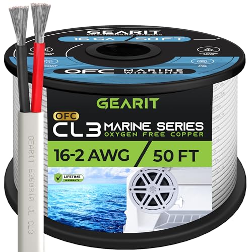 GearIT 16/2 Marine Wire (50 Feet) 16AWG Gauge - Tinned OFC Copper/Marine Grade Speaker Cable/Duplex / 2 Conductors - OFC Oxygen-Free Copper, White 50ft