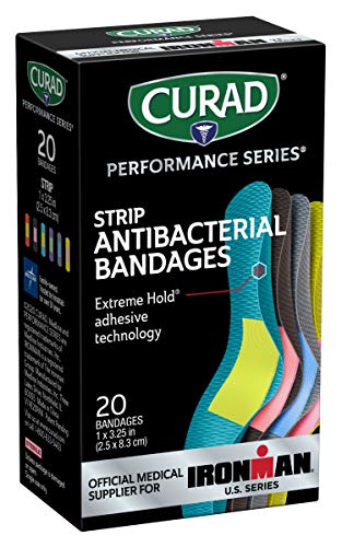 CURAD Performance Series IRONMAN Antibacterial Bandages, Extreme Hold Adhesive Technology, Standard Size Flexible Fabric Bandages for Cuts, Scrapes, & Burns, Assorted Colors, 1 x 3.25 inches, 20 Count