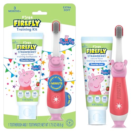 Firefly First Peppa Pig Training Kit, Light Up Toothbrush with Extra Soft Bristles and Natural Strawberry Flavor Training Toothpaste, 1.75 oz
