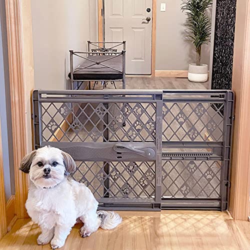 MYPET North States Paws Portable Pet Gate: 26-40' Wide. Pressure Mount. No Tools Needed. Made in USA. Dog Gate 23' Tall, Expandable, Durable Dog Gates for Doorways, Fieldstone Gray