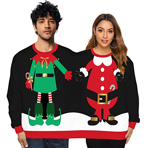 GRAJTCIN Men's and Women's Two Person Ugly Christmas Sweater 3D Printed Couple Sweatshirt Adult Jumper Black (Santa & Elf)