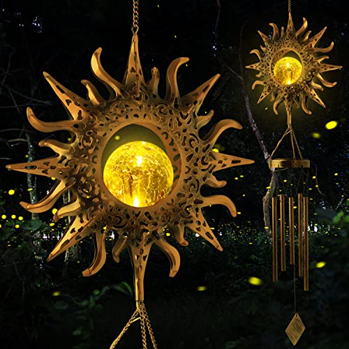 Sun Crackle Glass Ball Wind Chimes, Solar Wind Chimes Outdoor Decor Gardening Gifts Birthday Gifts for Mom Gifts for Women Gifts for Grandma, Sun Chimes Sun Gifts Sympathy Gifts