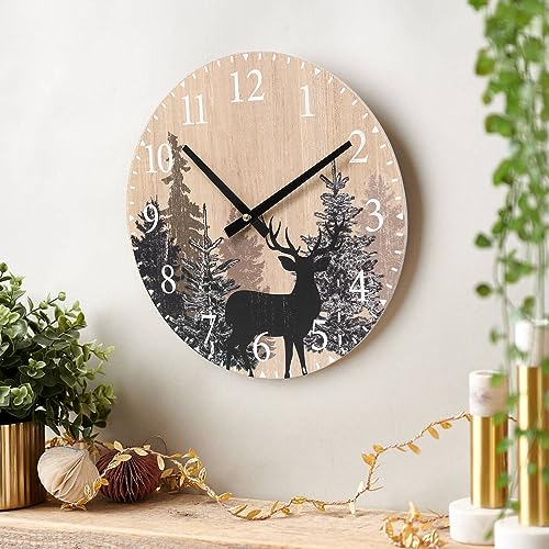 SwallowLiving Cabin Deer Wall Clock 12 Inch Silent Non Ticking Clock Wooden Forest Wildlife Mountain Lodge Wall Clock Battery Operated Rustic Farmhouse Wall Clock