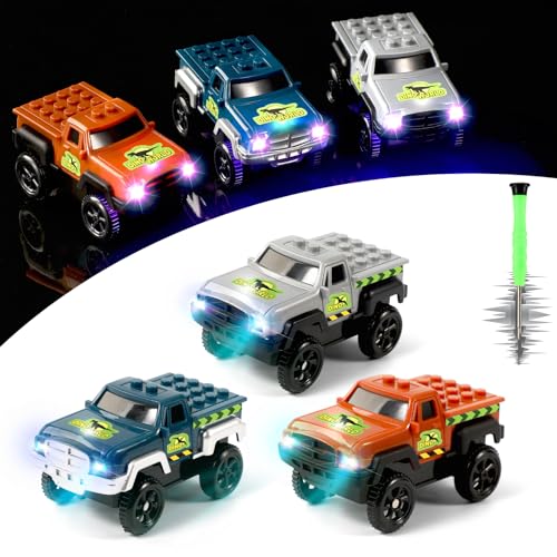 Tracks Cars Replacement Only for Magic Track, Battery Operated Snap and Glow Trax Cars, LED Light Up Flex Track Race Car Accessories Glow in The Dark for Kids, Toy Car for Dino/Dinosaur Tracks(3 pack)