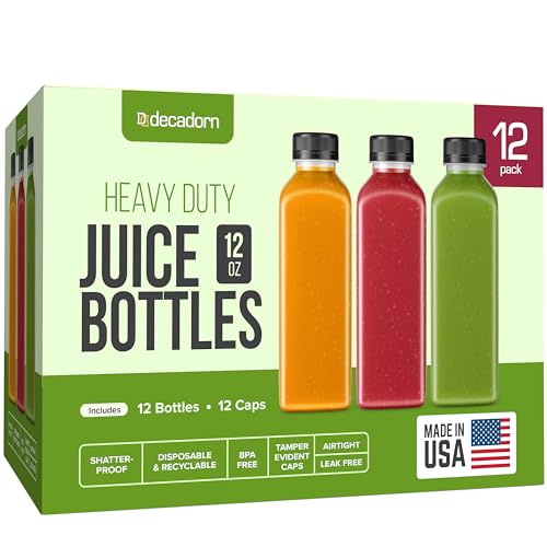 DECADORN 12oz Plastic Bottles With Caps - 12 Pack Empty Juice Bottles For Juicing - MADE IN USA Clear Reusable Bottles With Lids For Fridge - drink container