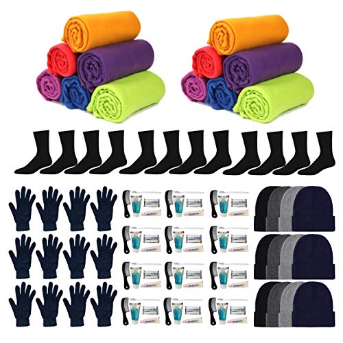 60 Piece Wholesale Winter Winter Gloves, Beanies, Socks. Fleece Blankets Plus Personal Hygiene Kit - Unisex Winter Accessories Kit