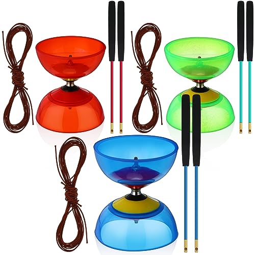 Lenwen 15 Pieces Chinese Diabolo Toy Set Includes 3 Pcs 5 Inches Five Bearings Diabolo Colorful Ball Toys with 6 Alloy Diabolo Sticks 6 String for Beginners (Red, Green, Blue)