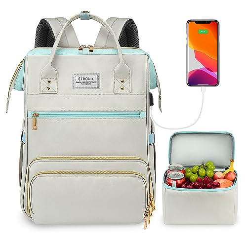 ETRONIK Lunch Backpack, 15.6 Inch Laptop Backpack with USB Port, Stylish Nurse, Teacher Work Bag with Insulated Cooler Lunch Box for Women Men/Travel, Grey Blue