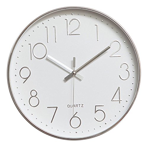 jomparis Modern 12' Battery Operated Non-Ticking Silent Sweep Movement Wall Clock Decorative for Office,Kitchen, Living Room, Bedroom, Bathroom Plastic Frame Glass Cover (Silver,Arabic Numeral)