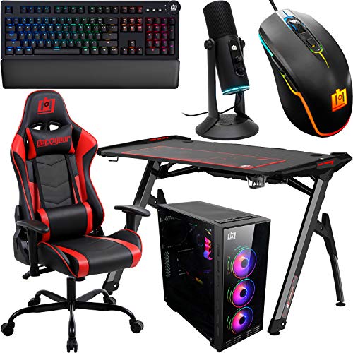 Deco Gear PC Gaming Starter Pack, Includes LED Gaming Desk, Gaming Chair, Mid-Tower Tempered Glass PC Case, Cherry Red Mechanical Keyboard, Streaming and Multiplayer Microphone, Wired LED Mouse